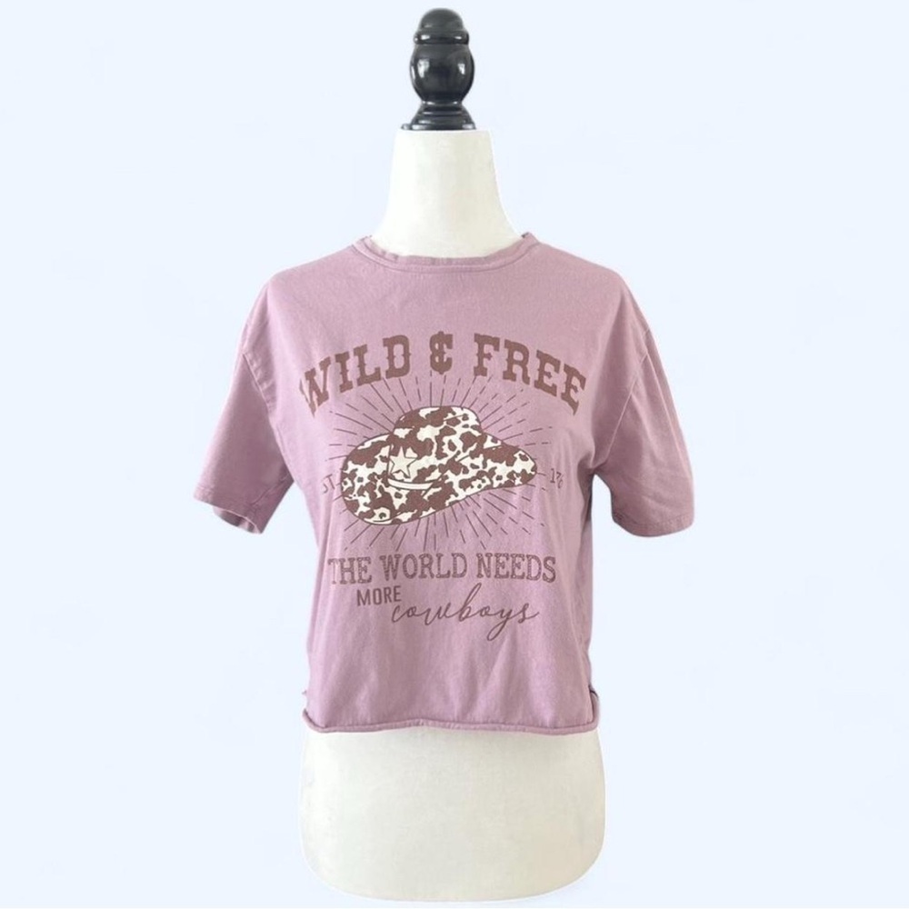Purple Cowboy Hat Graphic Crop Top Western Country Tee Small